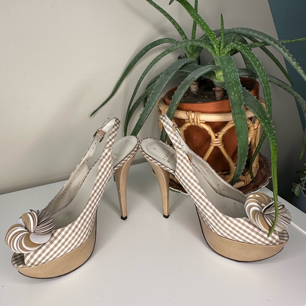 Stuart Weitzman Gingham Slingback Heels 7M | Platform Peep Toe Floral Bow - Picture 3 of 14